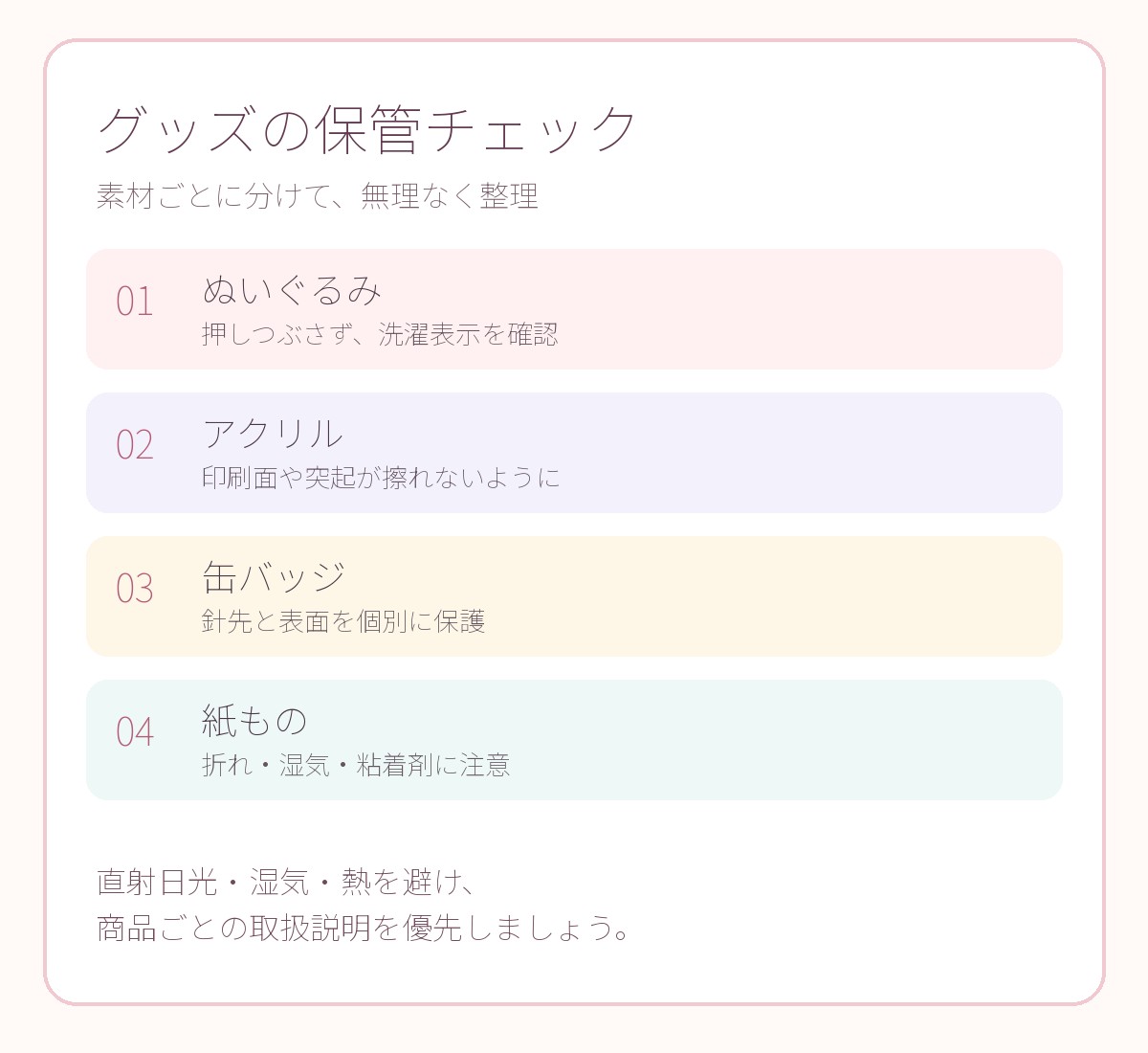ぬいぐるみ、アクリル、缶バッジ、紙ものを素材別に整理する当サイト作成の保管チェック図。
