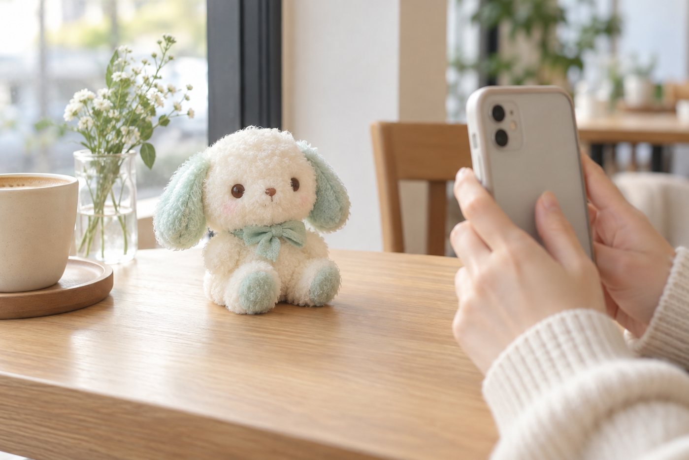 窓辺のテーブルでスマートフォンを使ってぬいぐるみを撮影するイメージ