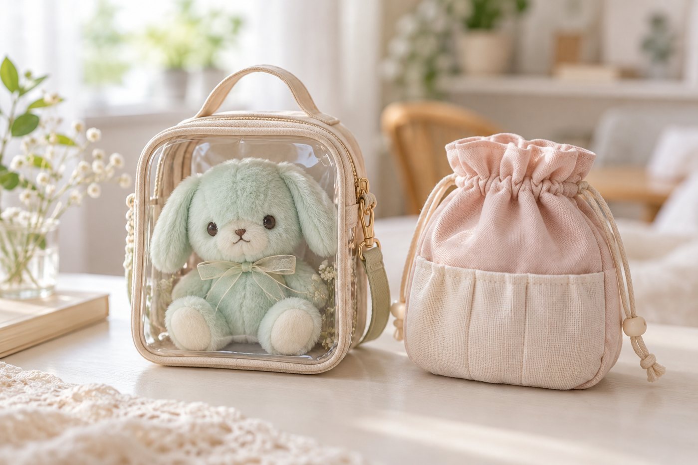 ぬいぐるみを入れる窓付きポーチと巾着タイプのイメージ