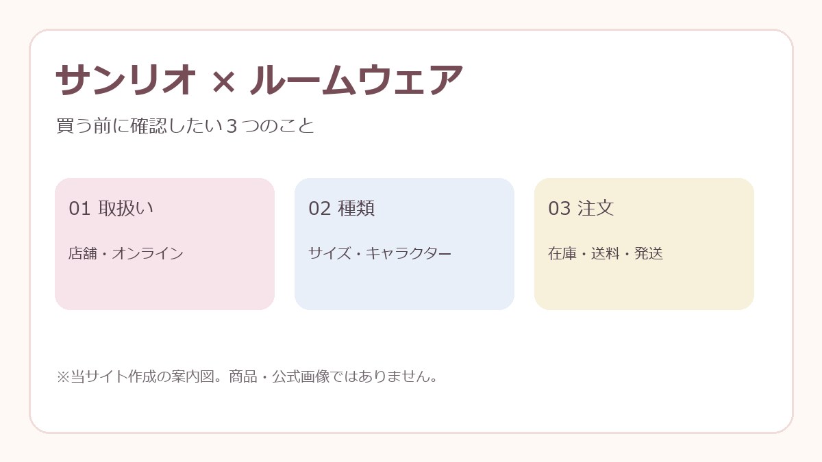 取扱い・種類・注文条件を示すサンリオルームウェアの購入前チェック図